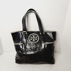 Tory Burch Black Patent Leather Snakeskin Trim Gold Hardware Shoulder Bag Tote